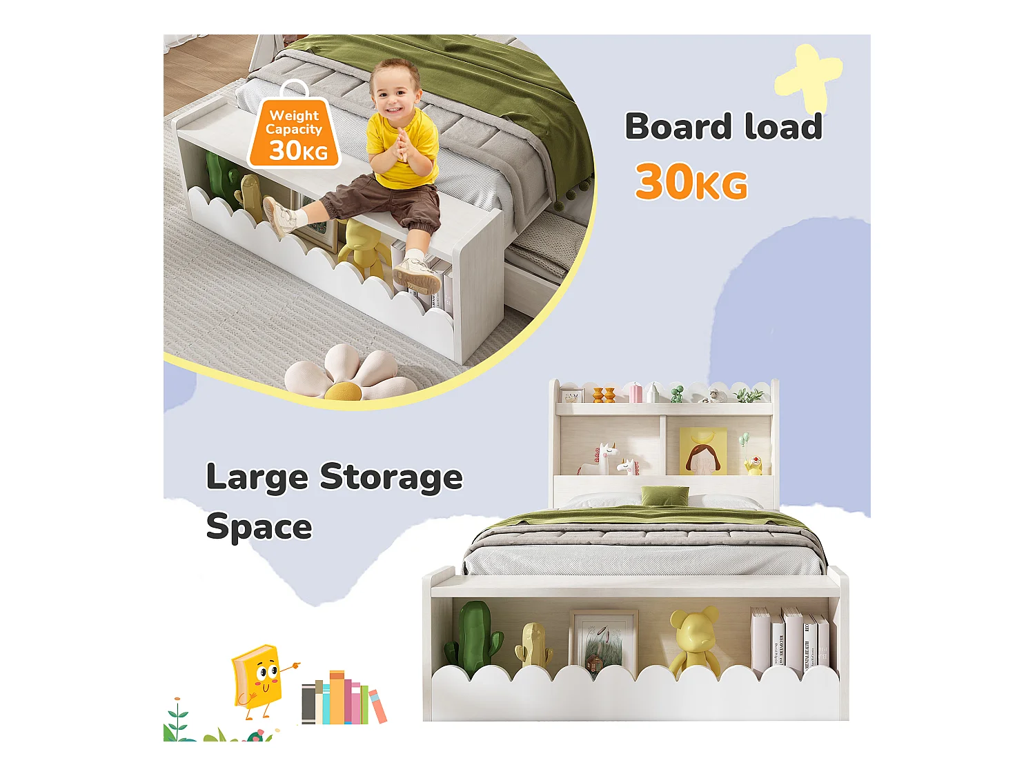 Lit simple en bois 90x190cm - avec 2 tiroirs et étagères - Blanc (matelas non inclus)