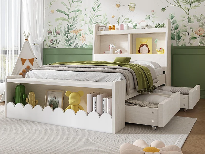 Lit simple en bois 90x190cm - avec 2 tiroirs et étagères - Blanc (matelas non inclus)