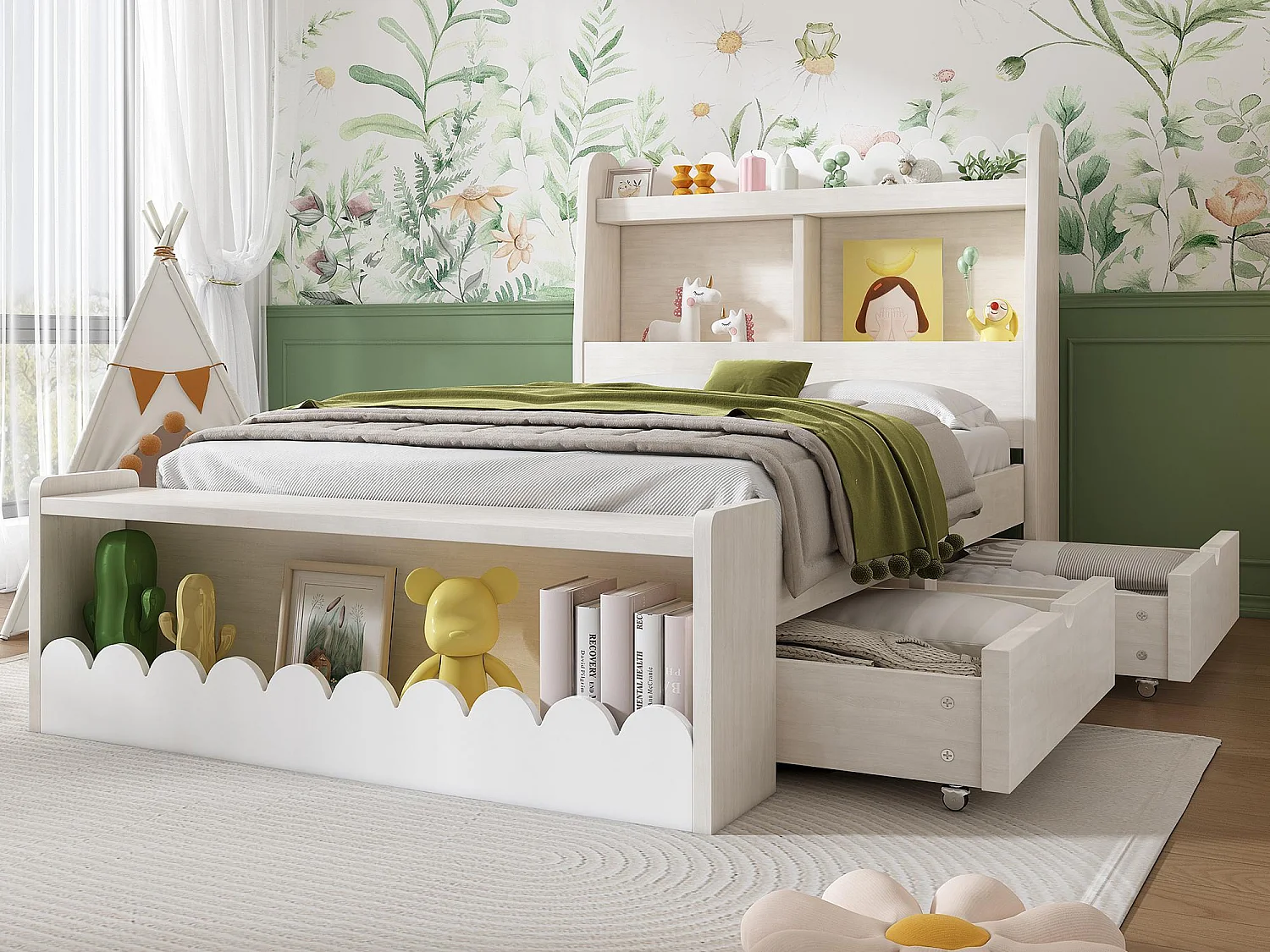 Cama individual de madeira 90x200cm - com 2 gavetas e prateleiras - Branca (colchão não incluído)