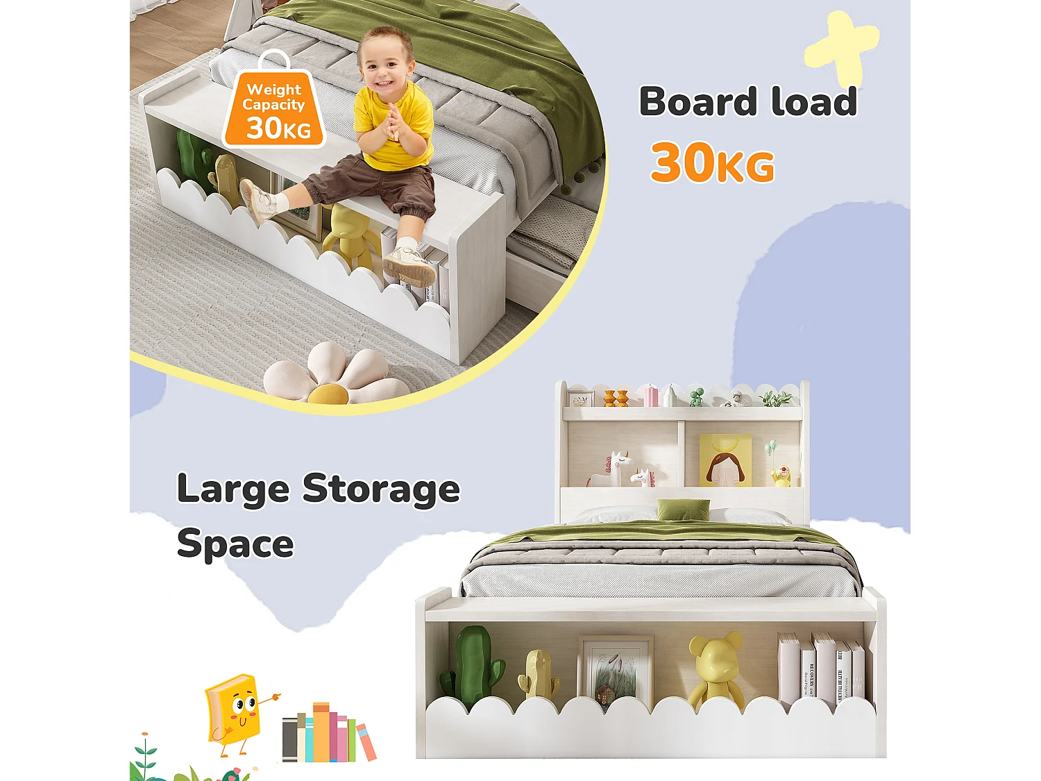 Cama individual de madeira 90x200cm - com 2 gavetas e prateleiras - Branca (colchão não incluído)