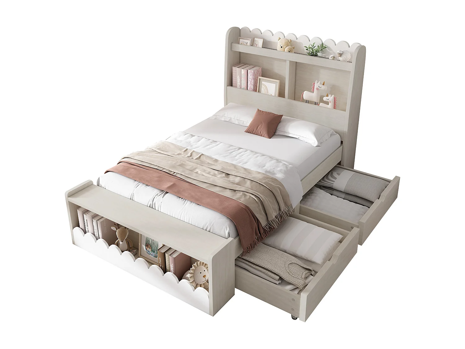 Einzelbett aus Holz 90 x 200 cm – mit 2 Schubladen und Regalen – Weiß (Matratze nicht im Lieferumfang enthalten)