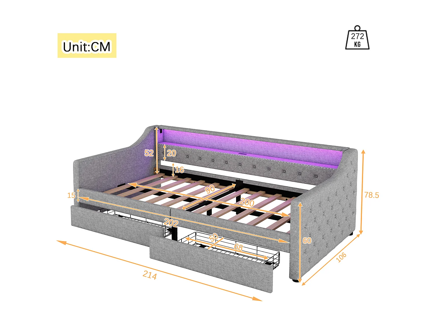 Schlafsofa aus Leinen, 90 x 200 cm, mit LED – 2 Schubladen und USB-Anschlüssen – mit Lattenrost – Grau