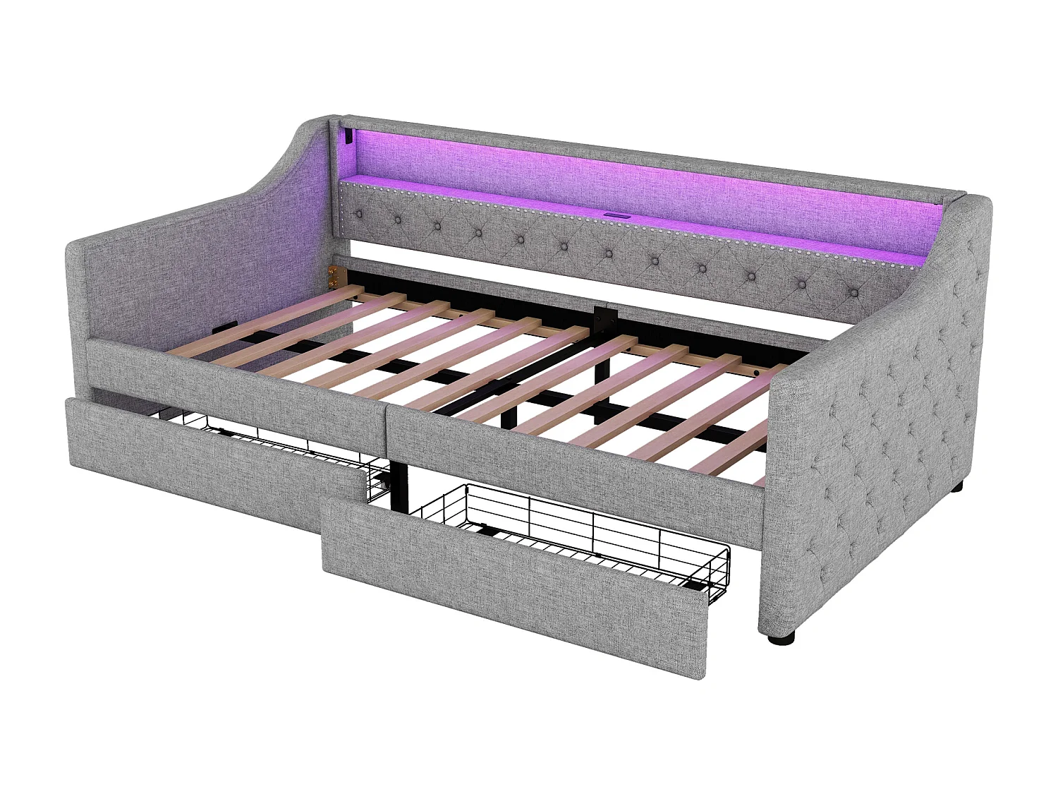Schlafsofa aus Leinen, 90 x 200 cm, mit LED – 2 Schubladen und USB-Anschlüssen – mit Lattenrost – Grau