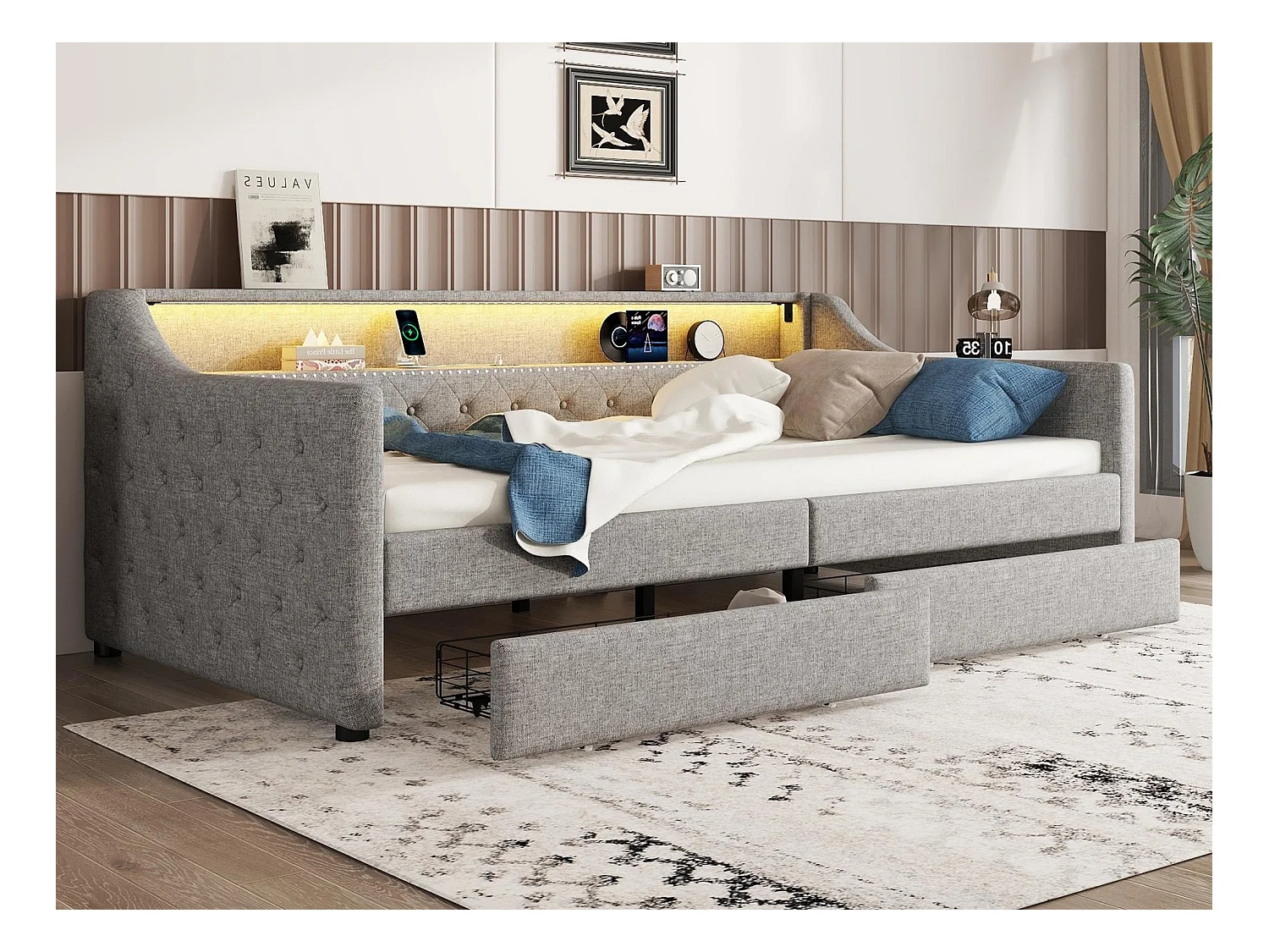 Łóżko tapicerowane z lnu 90x200cm z LED - 2 szuflady i porty USB - z stelażem na listwy - Szare