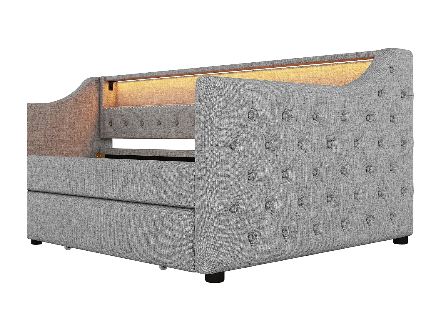 Schlafsofa aus Leinen, 90 x 200 cm, mit LED – 2 Schubladen und USB-Anschlüssen – mit Lattenrost – Grau