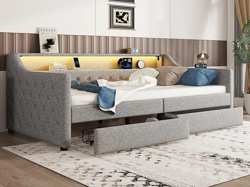 Divano letto in lino 90x200 cm con LED - 2 cassetti e porte USB - con rete a doghe - Grigio