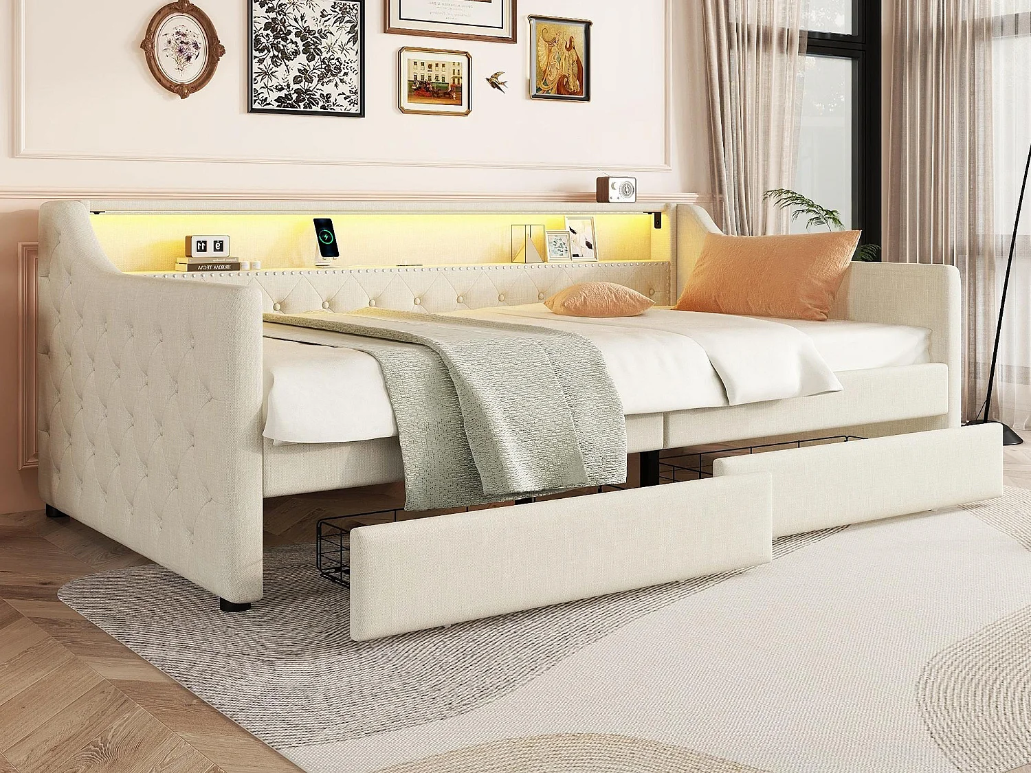 Linnen daybed bed 90x200cm met LED - 2 lades & USB poorten - met lattenbodem - Beige