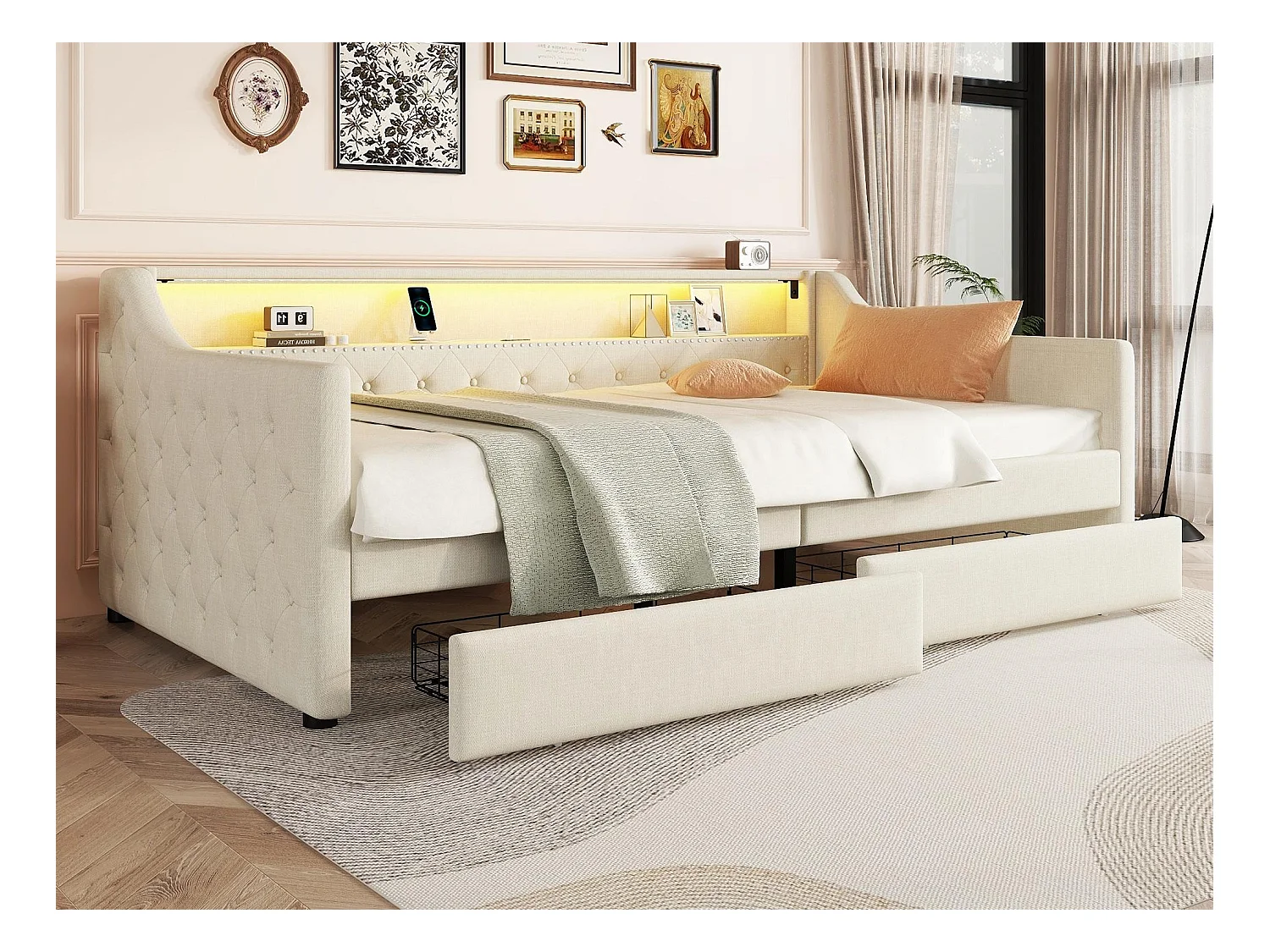 Łóżko tapicerowane lniane 90x200cm z LED - 2 szuflady i porty USB - z stelażem na listwy - Beżowe