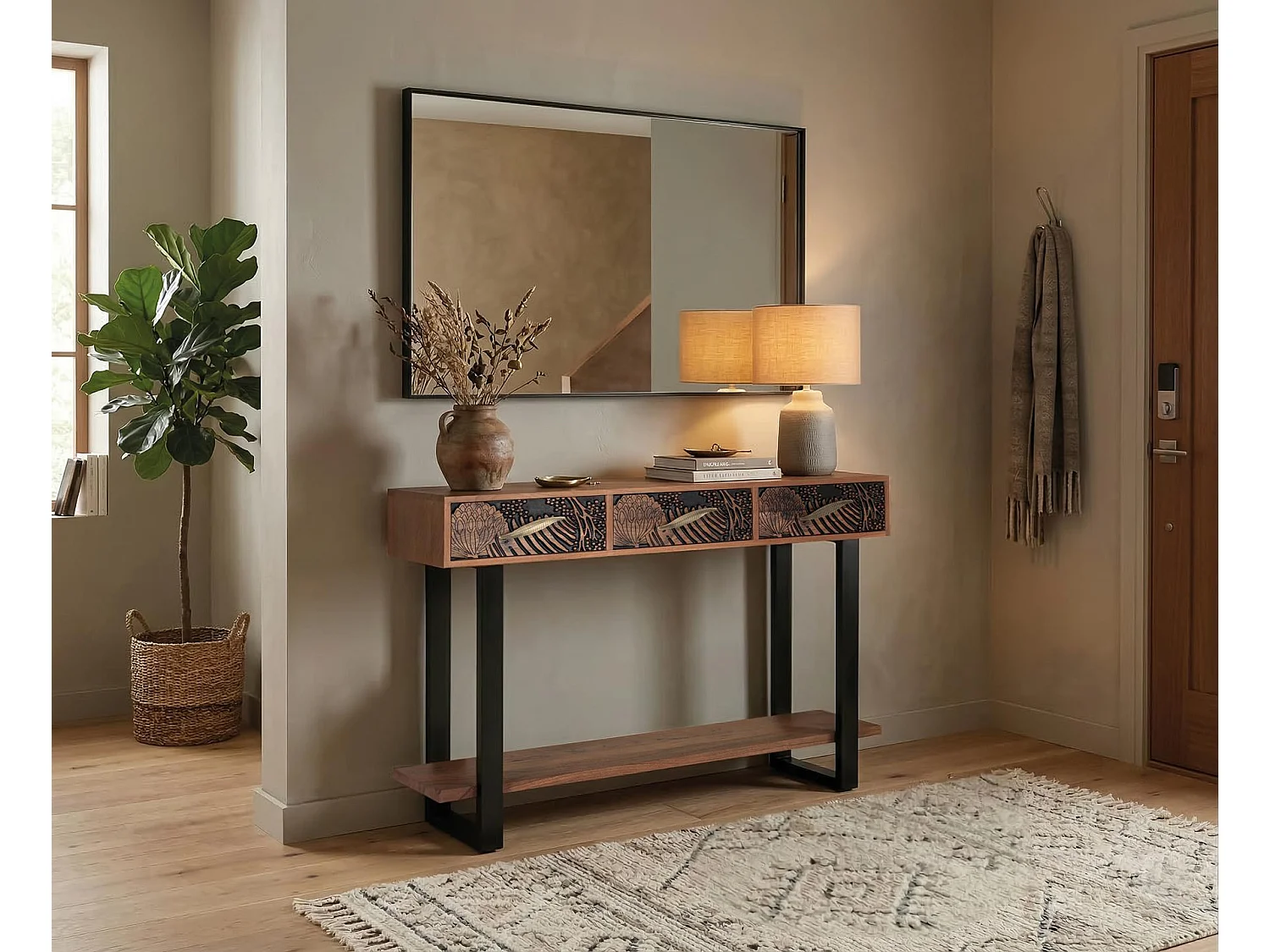Console en bois d'acacia 120 cm, style ethnique moderne - 91 x 120 x 35