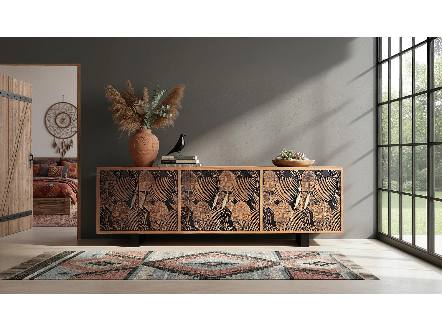 Buffet en bois d'acacia de style ethnique moderne - 74 x 220 x 42