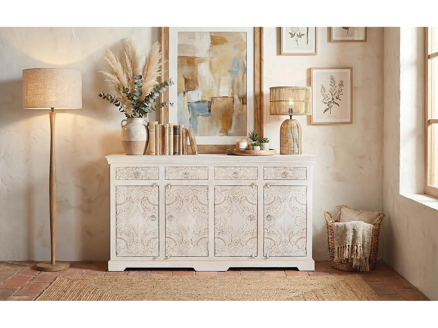 Buffet en bois de manguier sculpté, style ethnique - 100 x 180 x 40