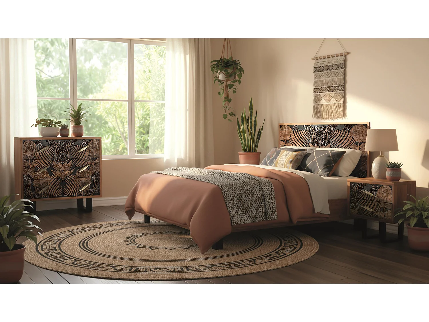 Tête de lit en bois d'acacia massif 160 cm, style ethnique moderne - 81 x 166 x 6