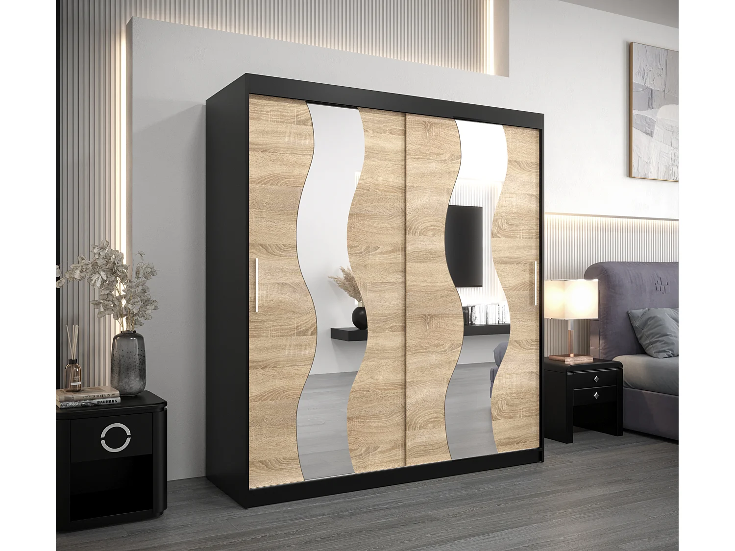 Schwebetürenschrank Sewilla 200/180/62 2-Türig (Schwarz/Sonoma)