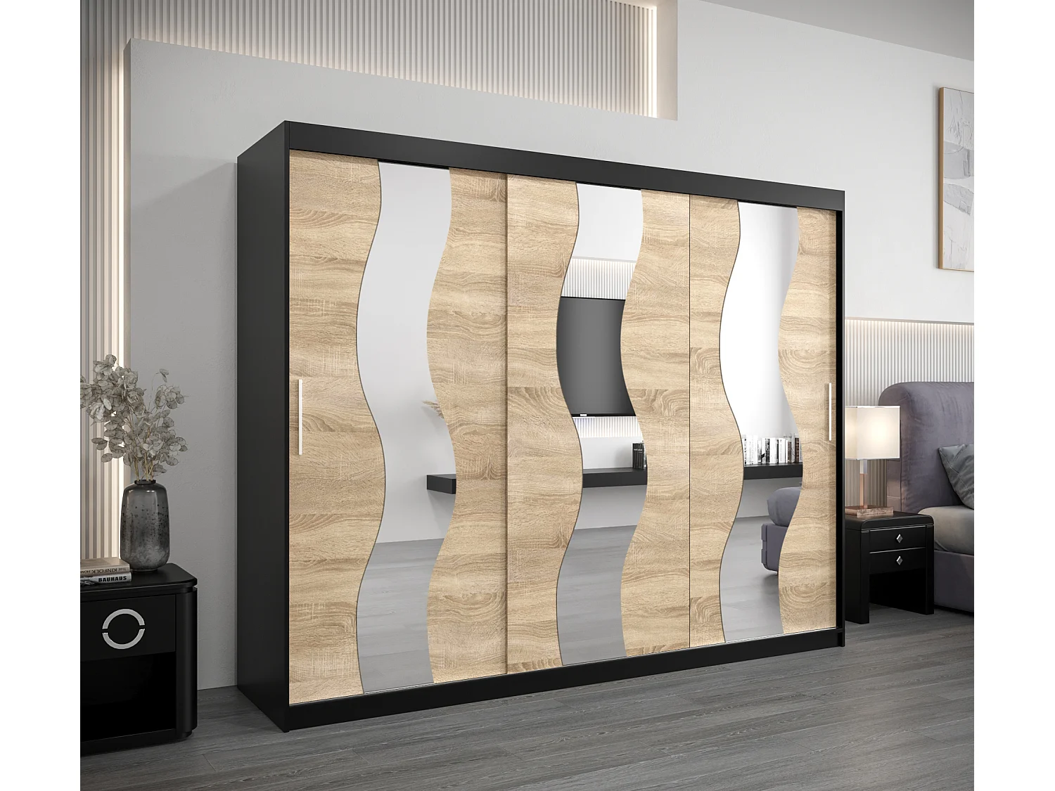 Armario SEWILLA de puertas correderas 200/250/62 3 puertas (negro/sonoma)