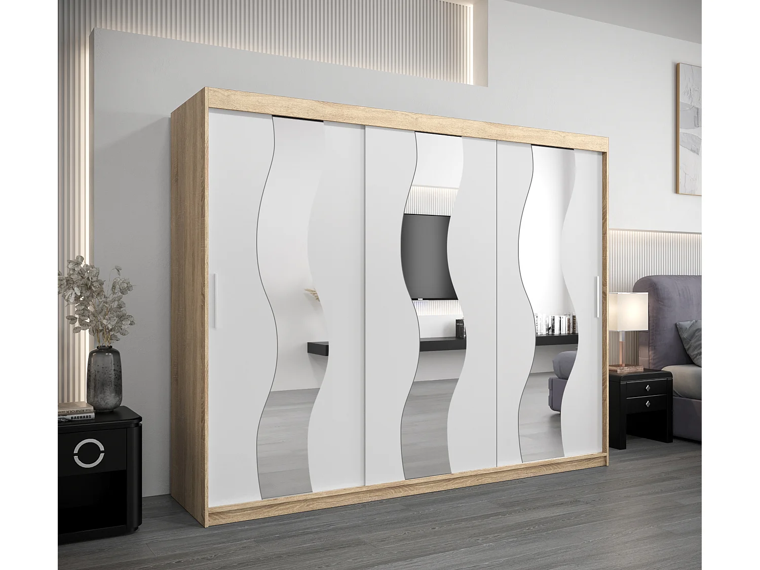 Sewilla kledingkast met schuifdeuren 200/250/62 3 deuren (sonoma/wit)