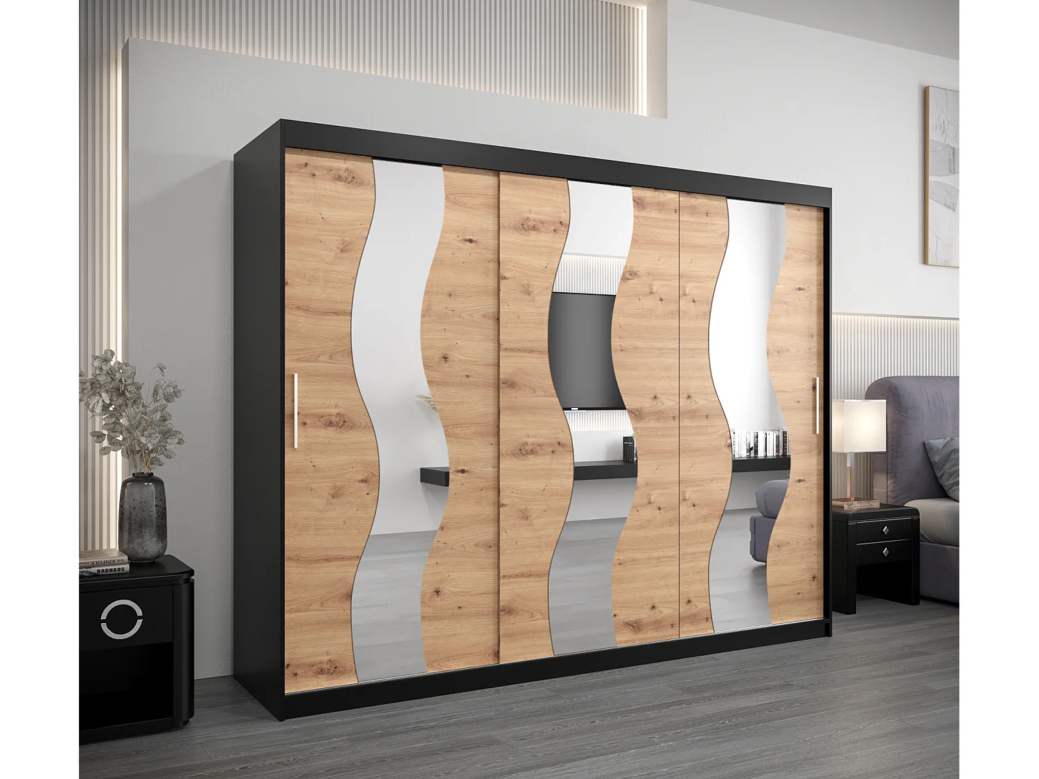 Sewilla kledingkast met schuifdeuren 200/250/62 3 deuren (zwart/artisan)