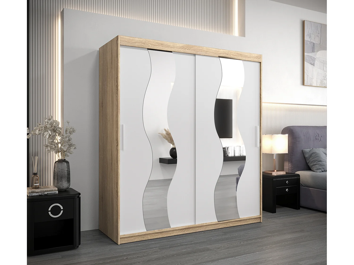 Schwebetürenschrank Sewilla 200/180/62 2-Türig (Sonoma/Weiß)