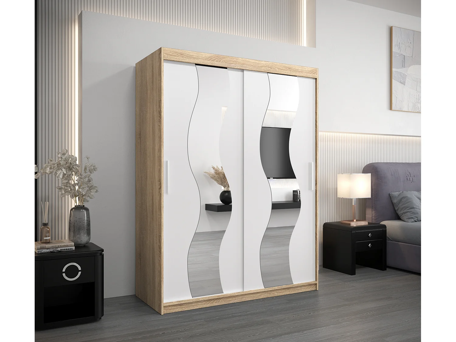 Schwebetürenschrank Sewilla 200/150/62 2-Türig (Sonoma/Weiß)