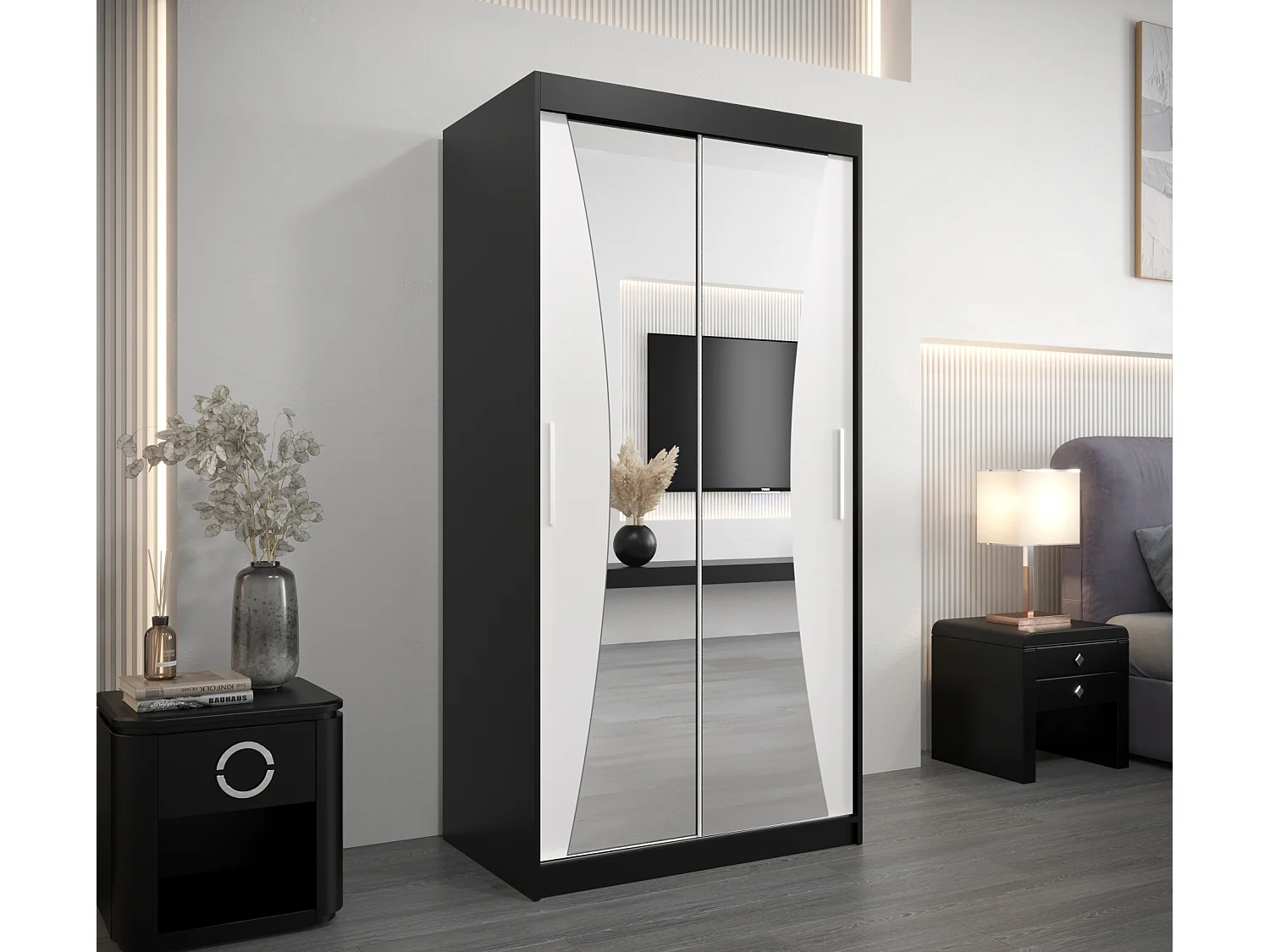 ARMOIRE MONACO À PORTES COULISSANTES 200/100/62 2 Portes (Noir/Blanc)