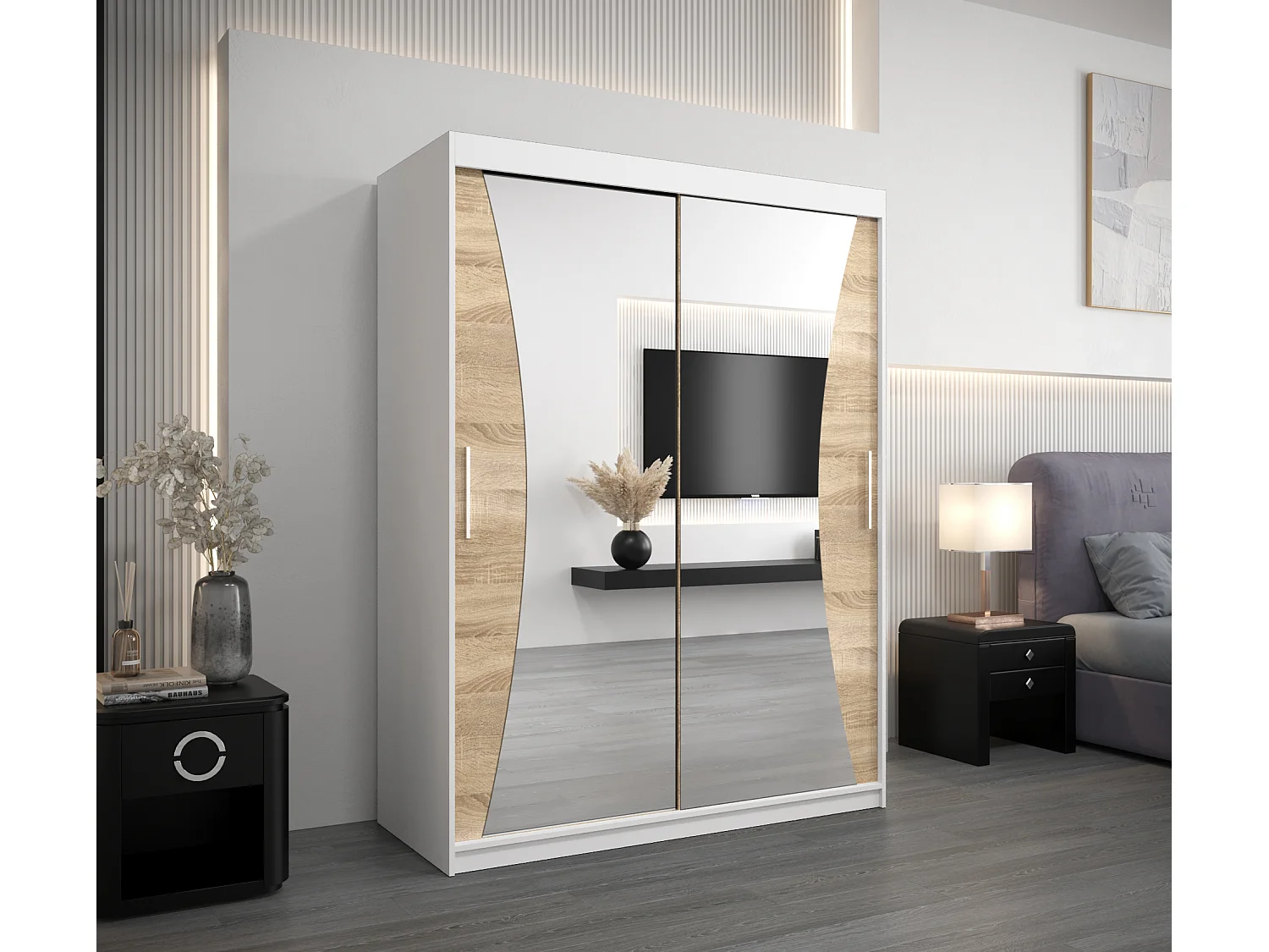 ARMOIRE MONACO À PORTES COULISSANTES 200/150/62 2 Portes (Blanc/Sonoma)