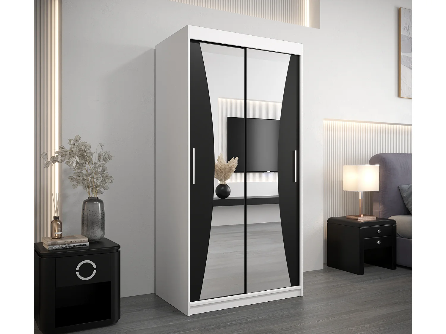 ARMOIRE MONACO À PORTES COULISSANTES 200/100/62 2 Portes (Blanc/Noir)