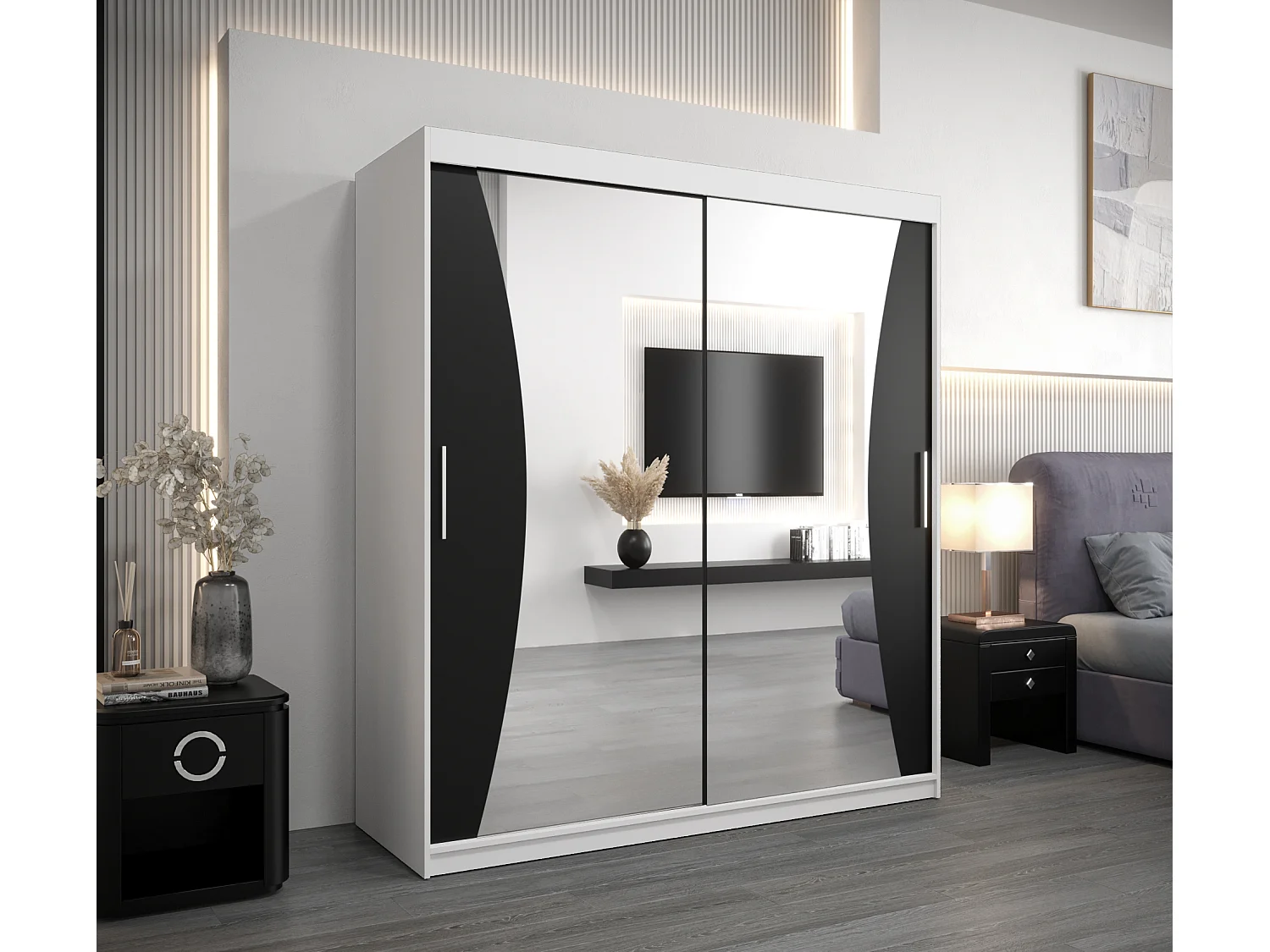 ARMOIRE MONACO À PORTES COULISSANTES 200/180/62 2 Portes (Blanc/Noir)