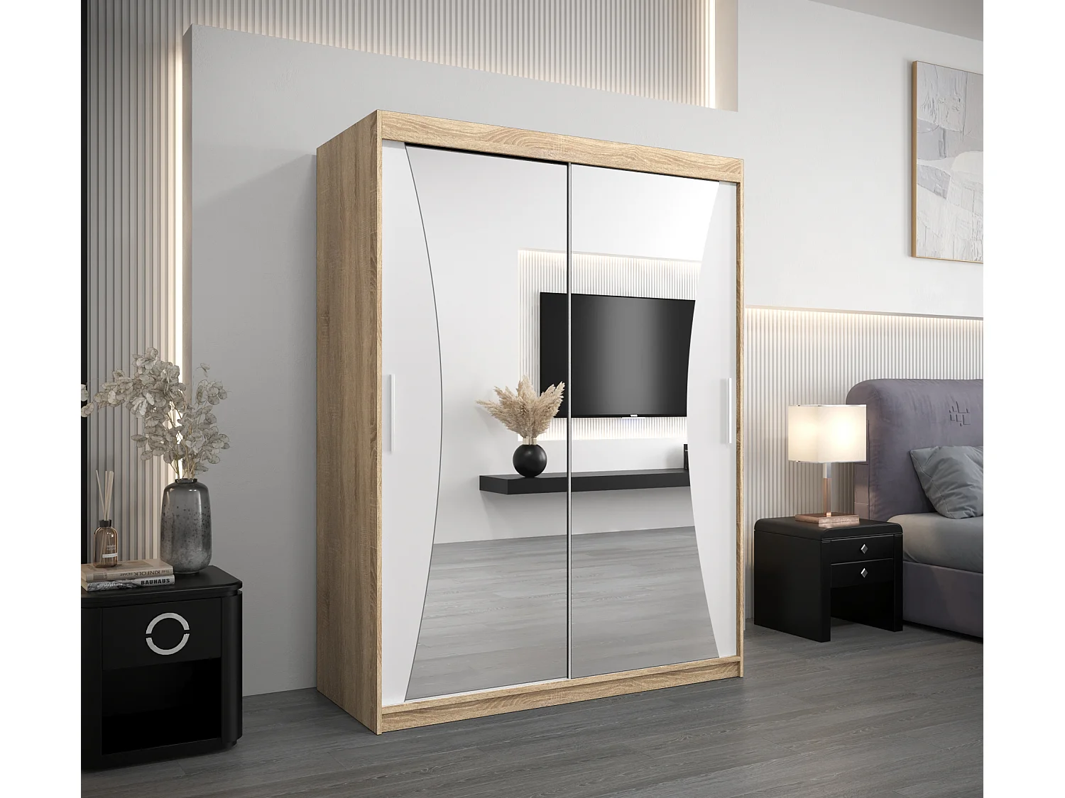 ARMOIRE MONACO À PORTES COULISSANTES 200/150/62 2 Portes (Sonoma/Blanc)