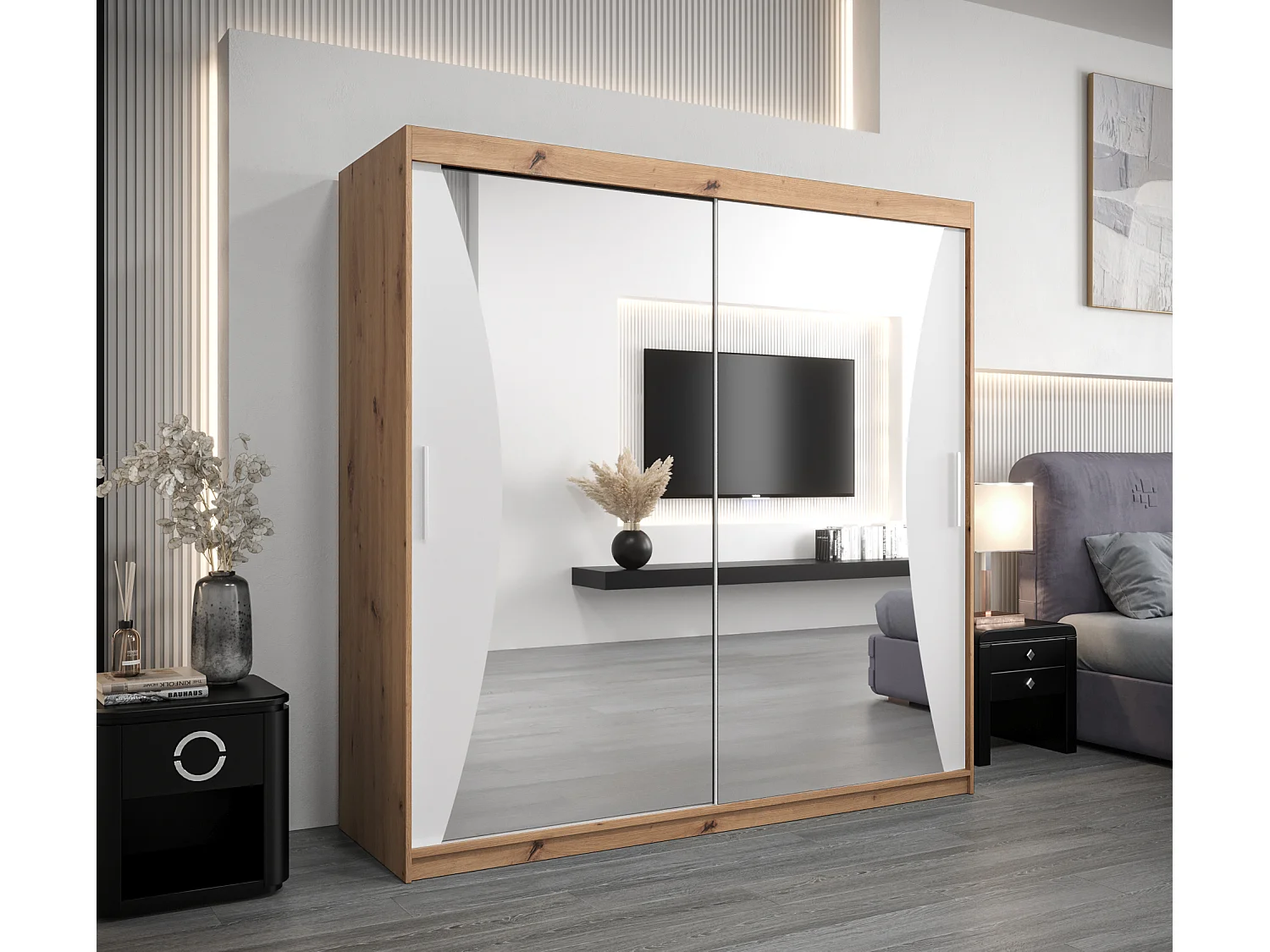 ARMOIRE MONACO À PORTES COULISSANTES 200/200/62 2 Portes (Artisan/Blanc)