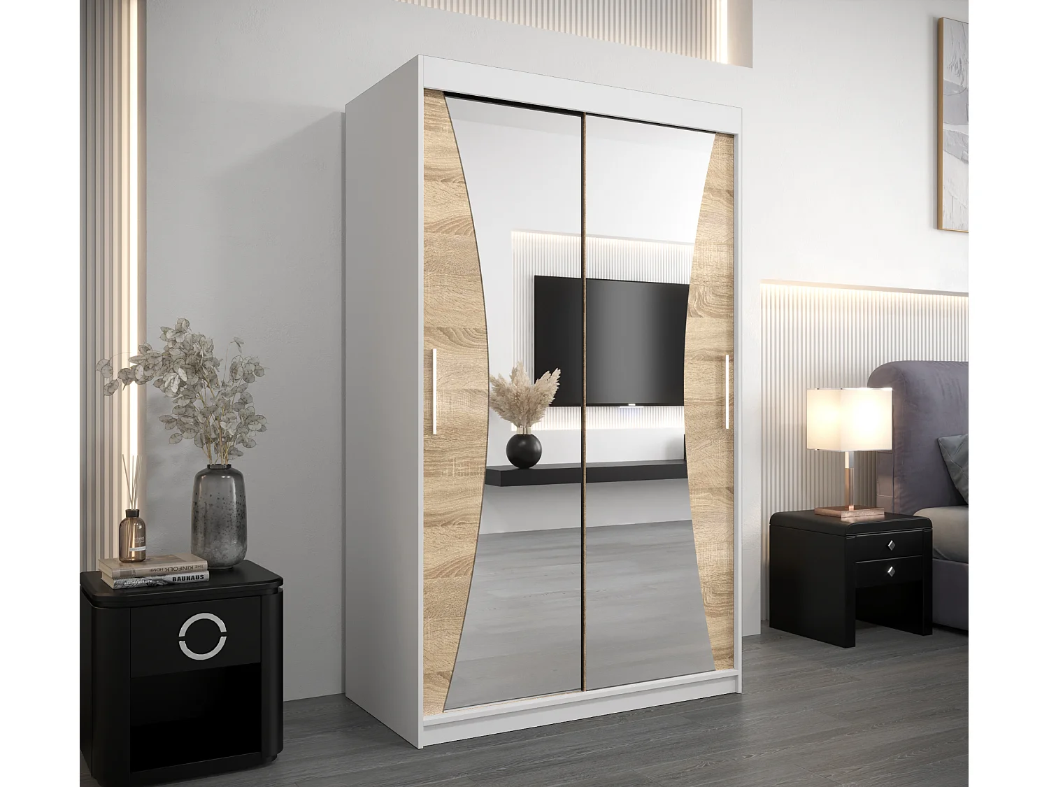 ARMOIRE MONACO À PORTES COULISSANTES 200/120/62 2 Portes (Blanc/Sonoma)