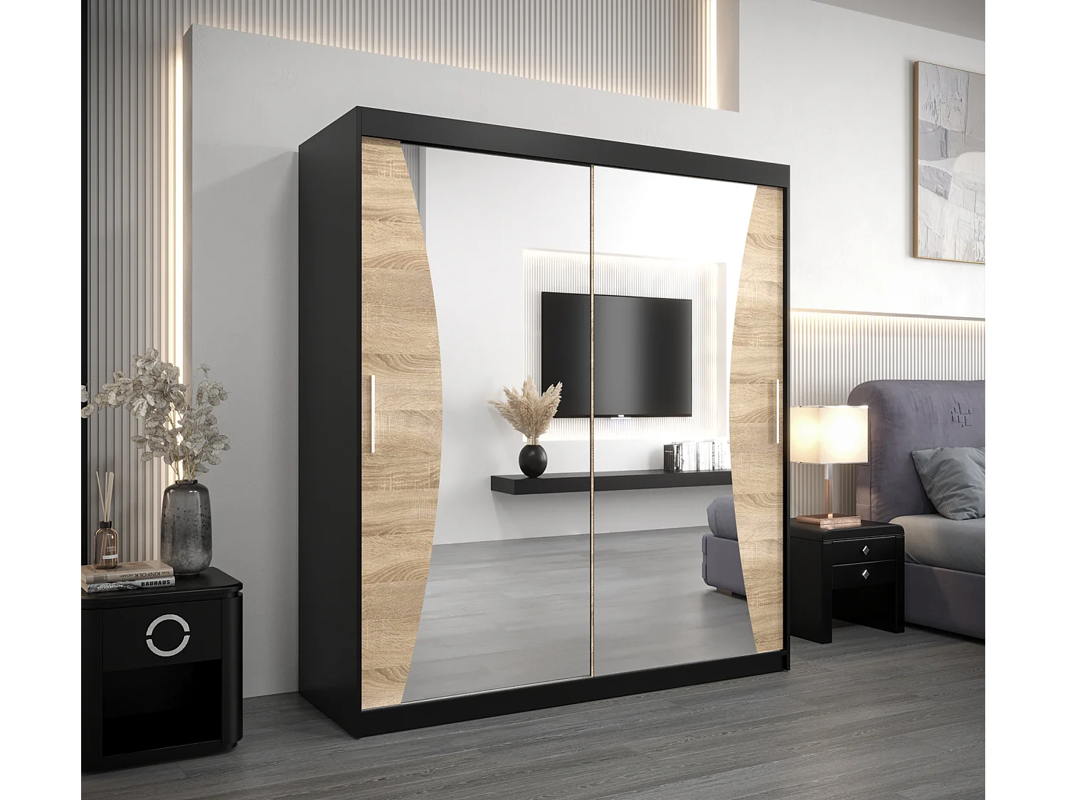 MONACO KLEDINGKAST MET SCHUIFDEUREN 200/180/62 2 deuren (zwart/sonoma)