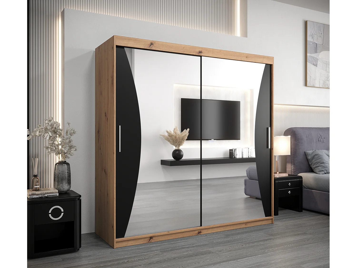 ARMOIRE MONACO À PORTES COULISSANTES 200/200/62 2 Portes (Artisan/Noir)