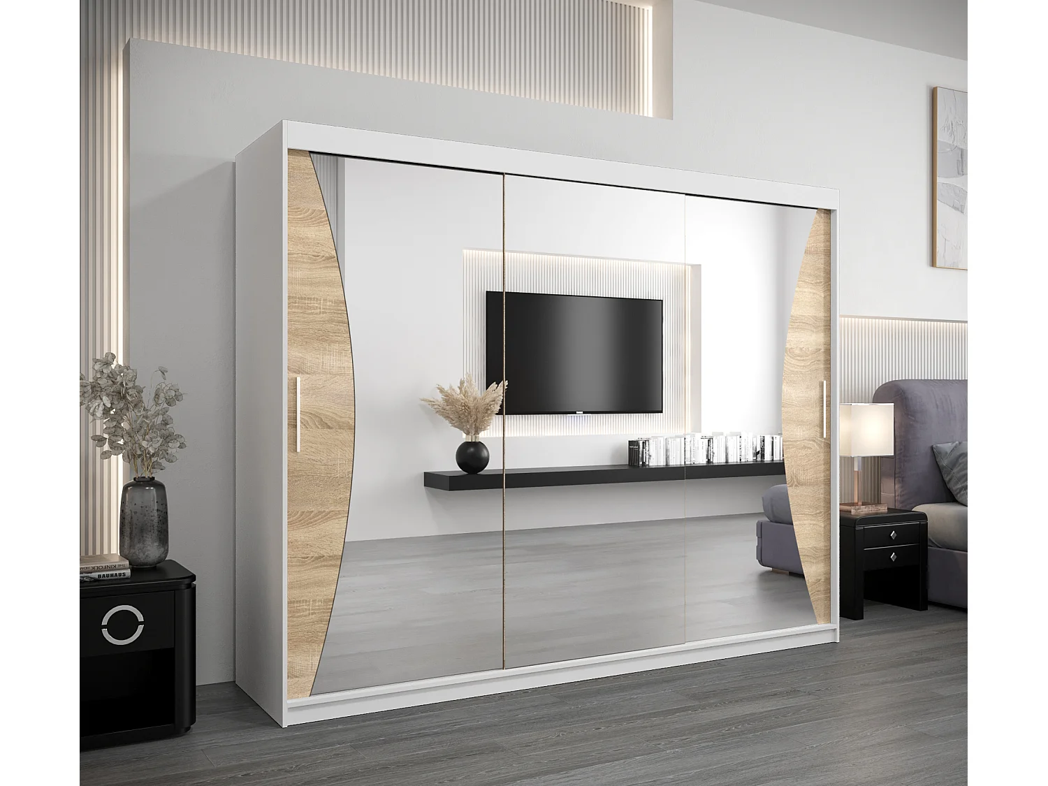 ARMOIRE MONACO À PORTES COULISSANTES 200/250/62 3 Portes (Blanc/Sonoma)