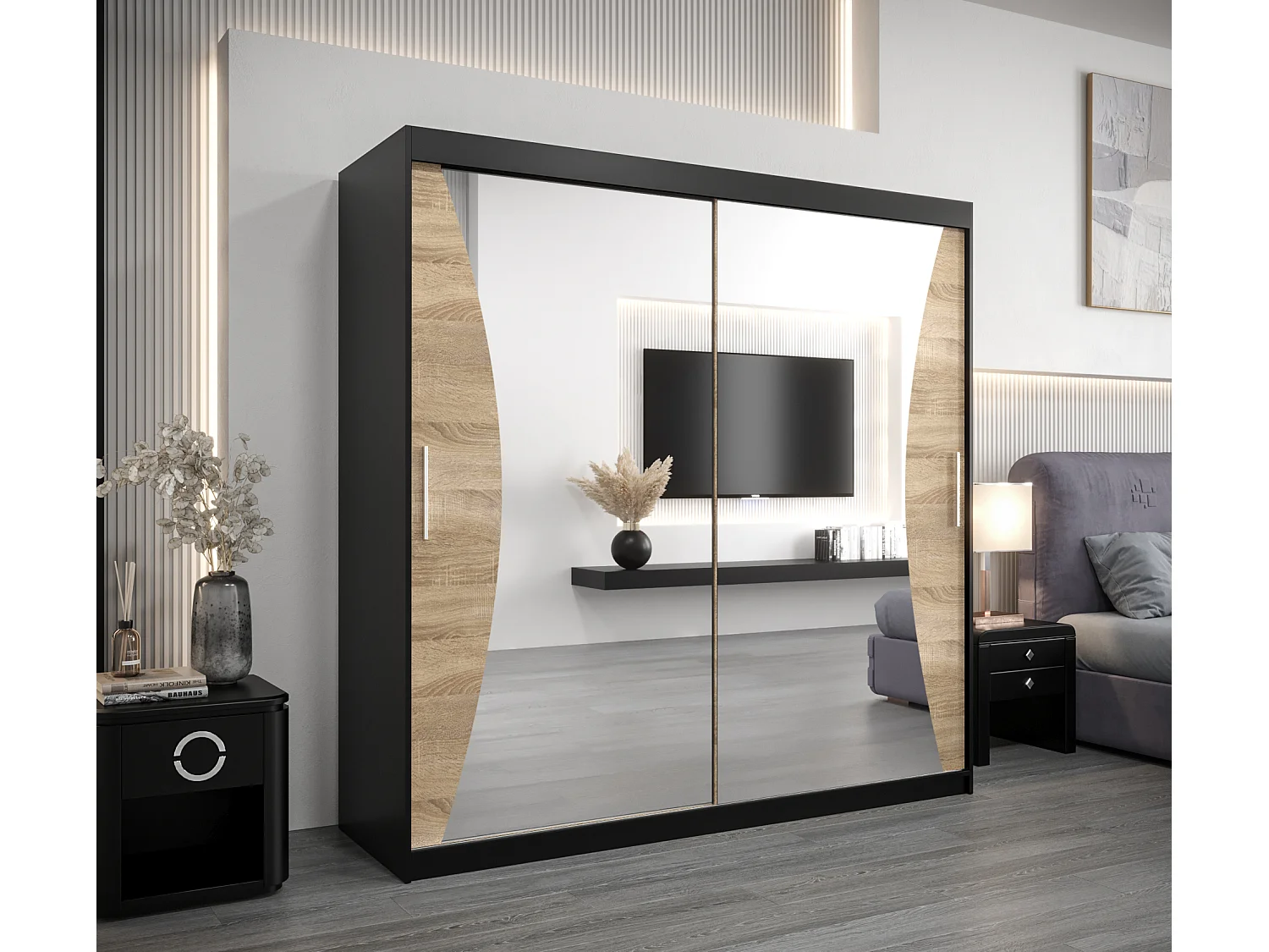 SCHWEBETÜRENSCHRANK MONACO 200/200/62 2-türig (Schwarz/Sonoma)