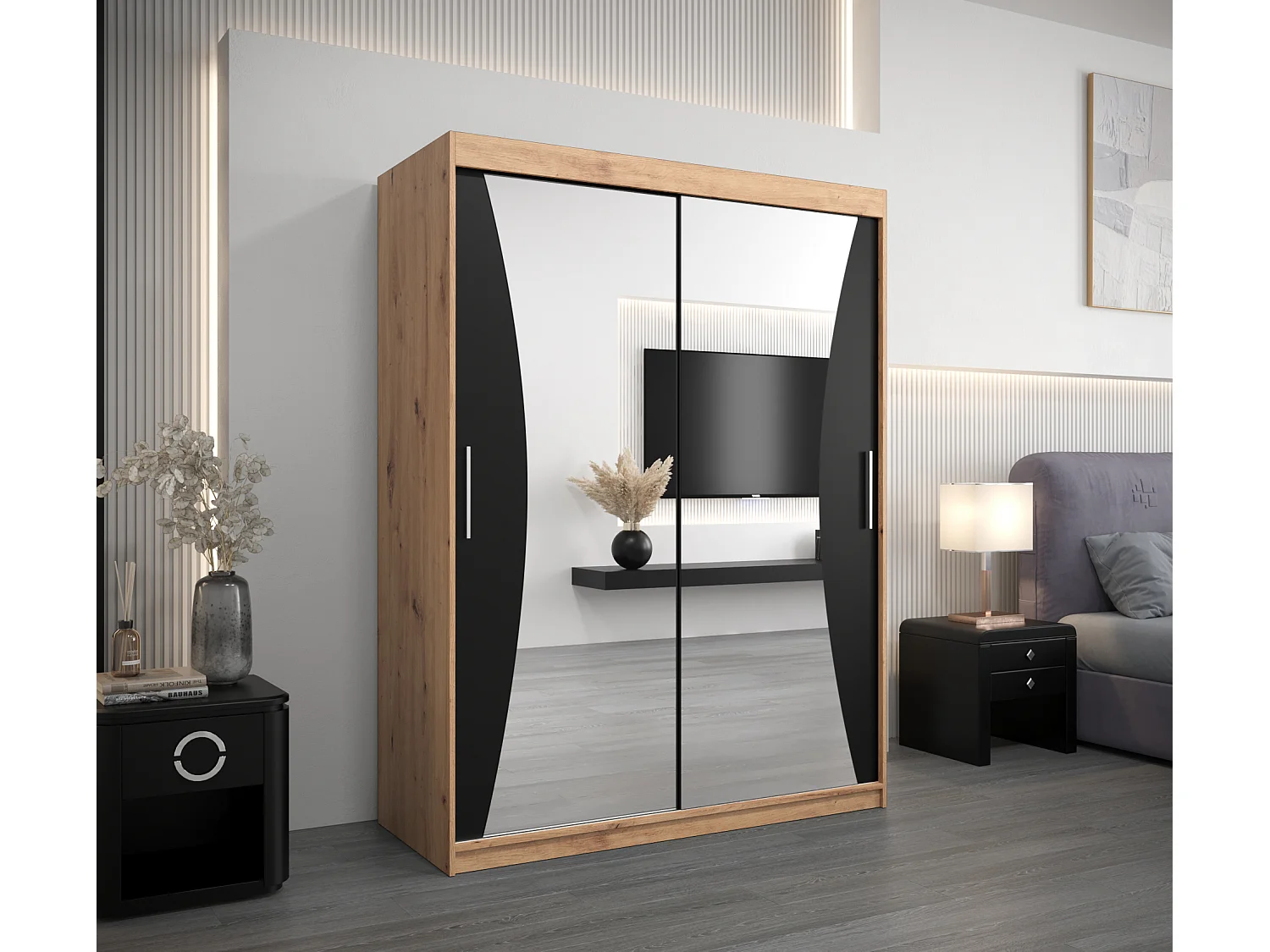 ARMOIRE MONACO À PORTES COULISSANTES 200/150/62 2 Portes (Artisan/Noir)