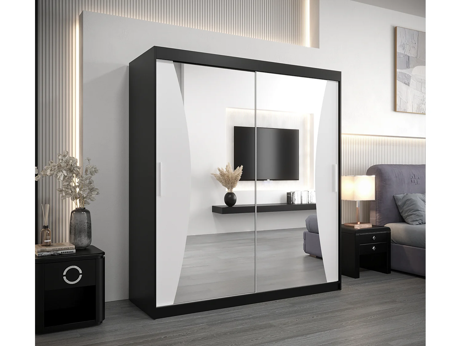 ARMOIRE MONACO À PORTES COULISSANTES 200/180/62 2 Portes (Noir/Blanc)