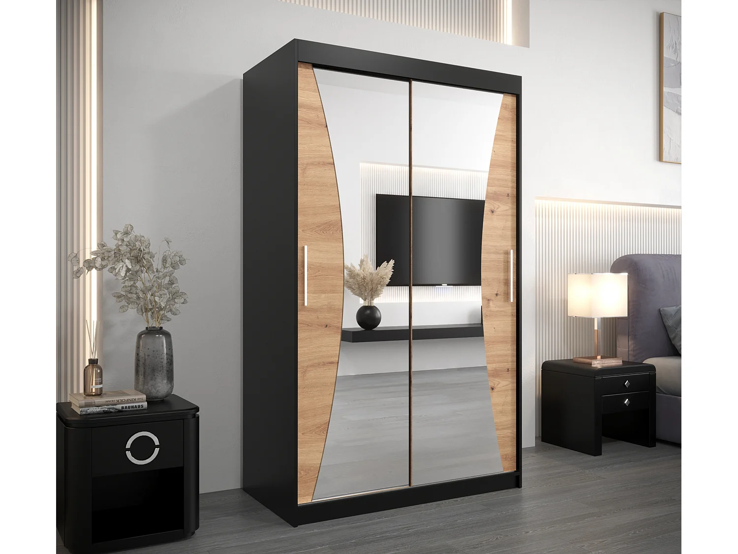 ARMOIRE MONACO À PORTES COULISSANTES 200/120/62 2 Portes (Noir/Artisan)