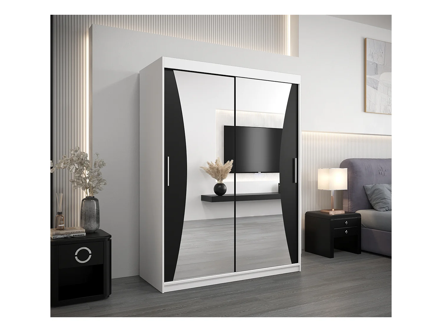 SCHWEBETÜRENSCHRANK MONACO 200/150/62 2-türig (Weiß/Schwarz)