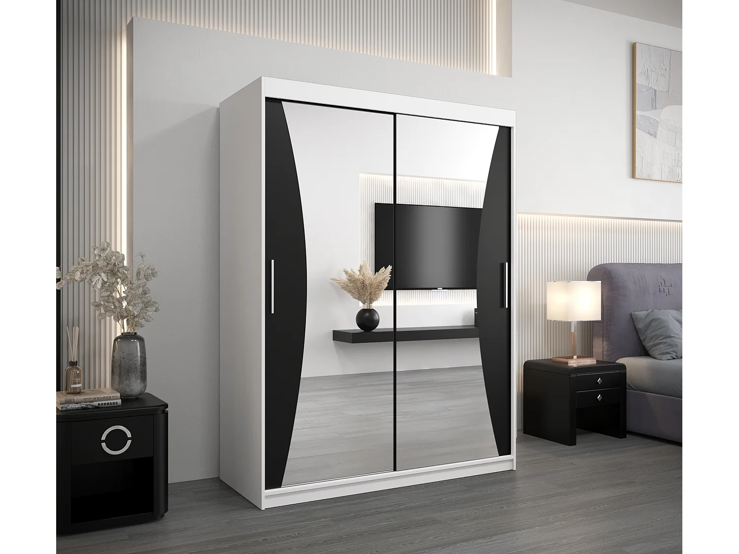 ARMOIRE MONACO À PORTES COULISSANTES 200/150/62 2 Portes (Blanc/Noir)