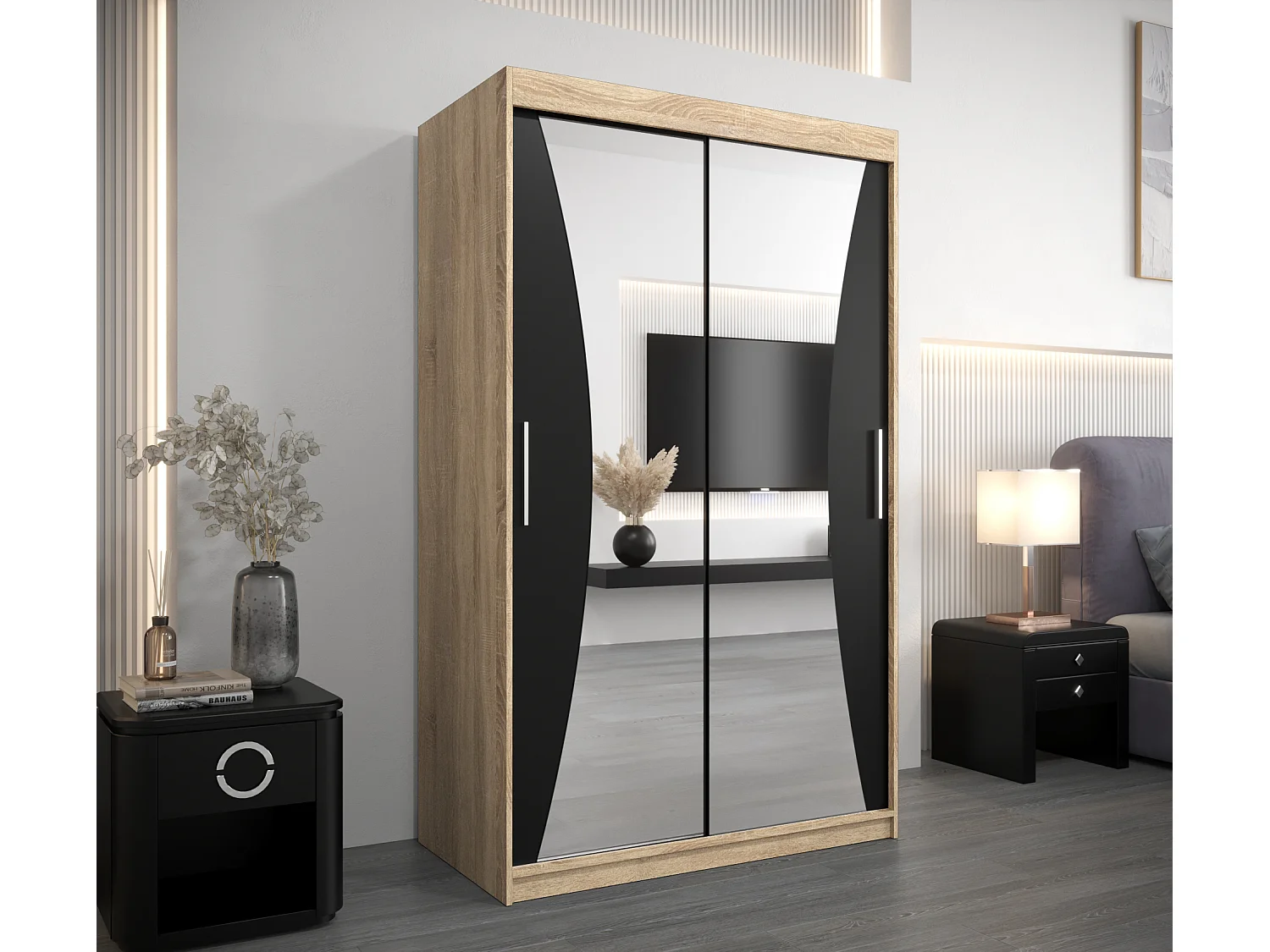 ARMOIRE MONACO À PORTES COULISSANTES 200/120/62 2 Portes (Sonoma/Noir)