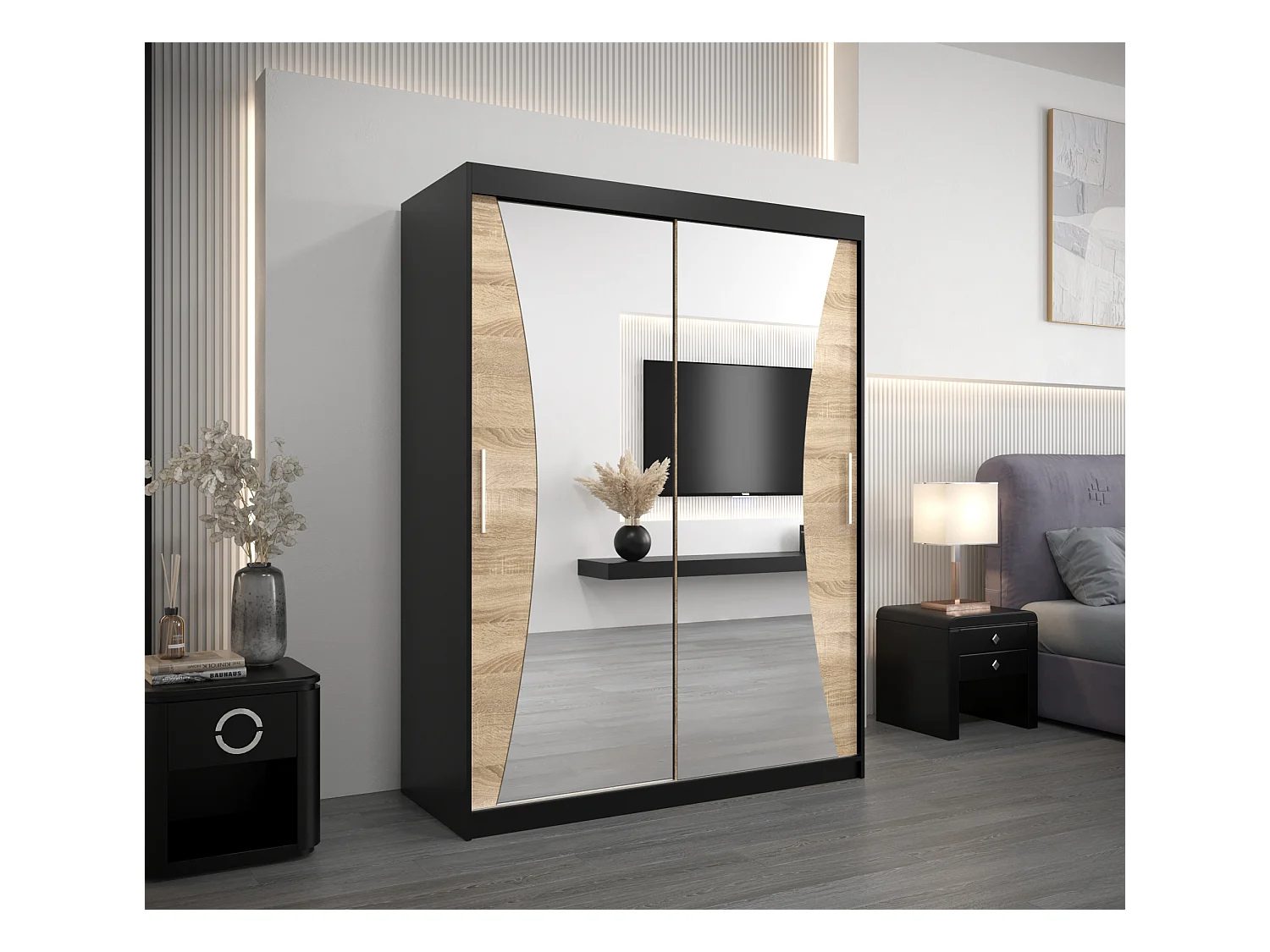 SCHWEBETÜRENSCHRANK MONACO 200/150/62 2-türig (Schwarz/Sonoma)