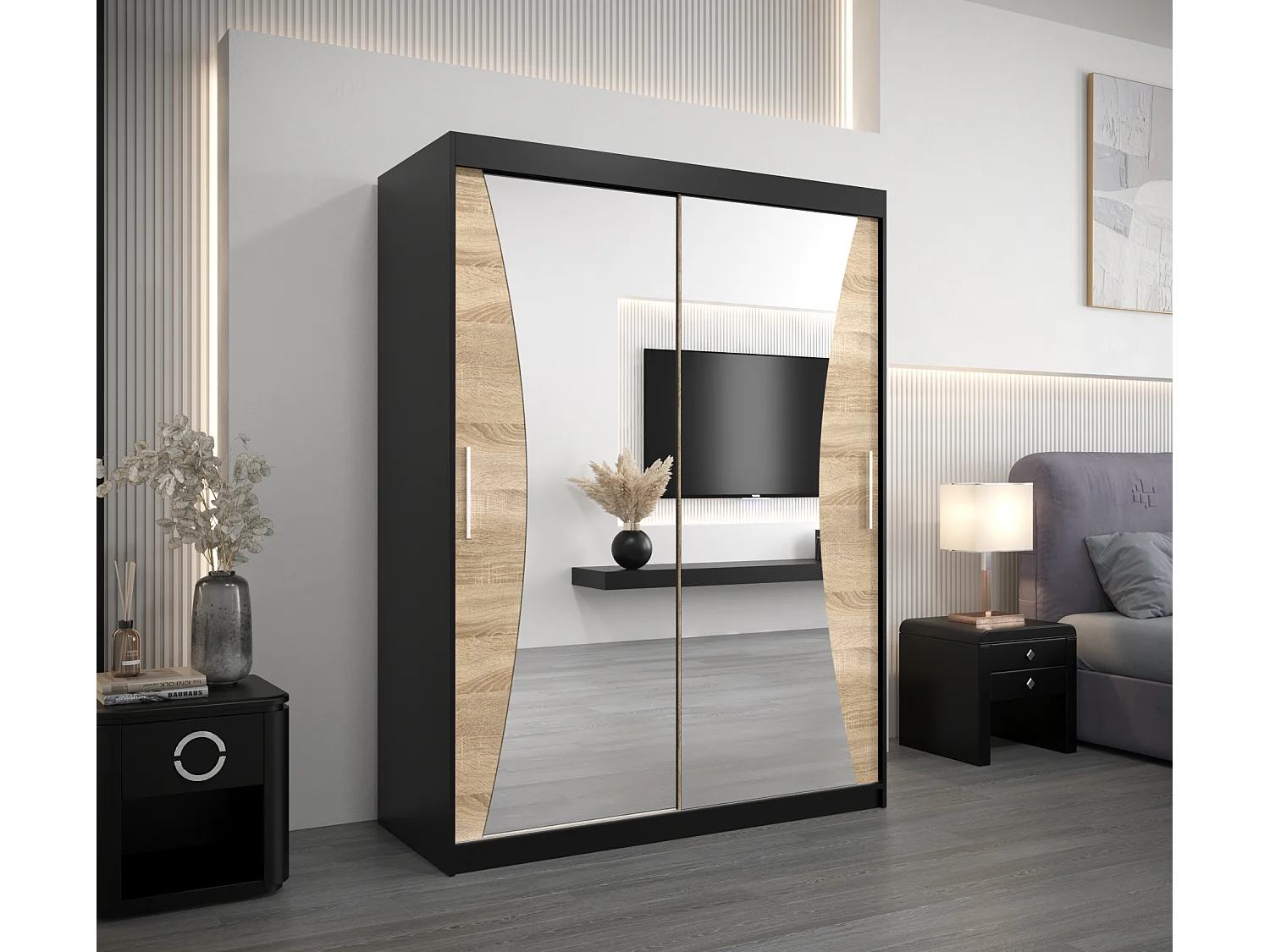 ARMOIRE MONACO À PORTES COULISSANTES 200/150/62 2 Portes (Noir/Sonoma)