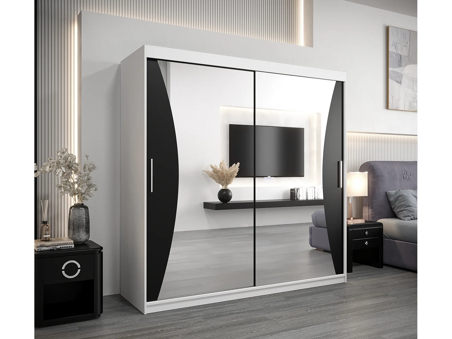 ARMOIRE MONACO À PORTES COULISSANTES 200/200/62 2 Portes (Blanc/Noir)