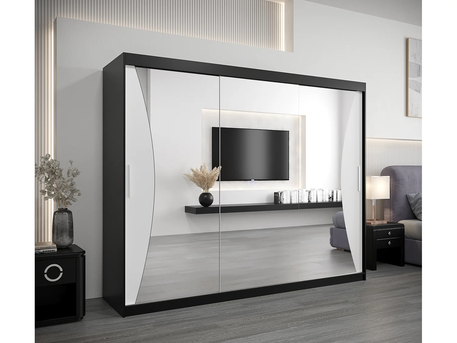 ARMOIRE MONACO À PORTES COULISSANTES 200/250/62 3 Portes (Noir/Blanc)