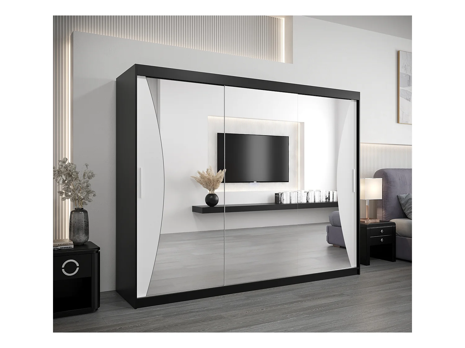 ARMOIRE MONACO À PORTES COULISSANTES 200/250/62 3 Portes (Noir/Blanc)