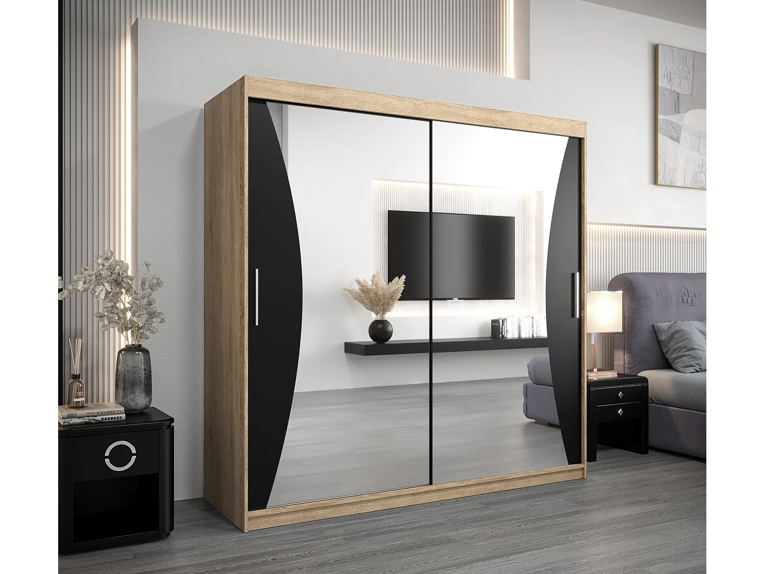 ARMOIRE MONACO À PORTES COULISSANTES 200/200/62 2 Portes (Sonoma/Noir)