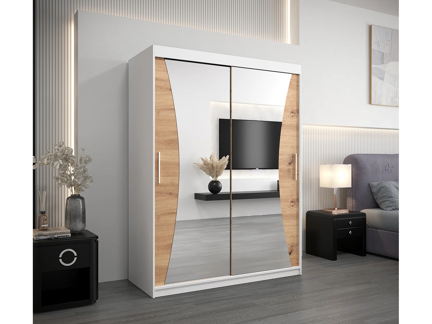 ARMOIRE MONACO À PORTES COULISSANTES 200/150/62 2 Portes (Blanc/Artisan)