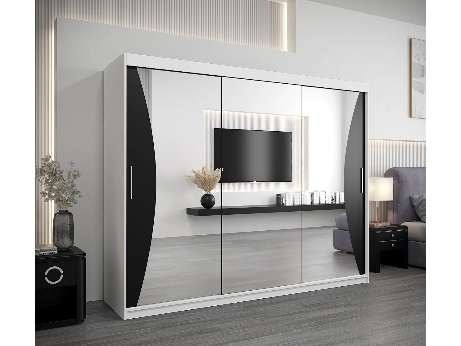 ARMOIRE MONACO À PORTES COULISSANTES 200/250/62 3 Portes (Blanc/Noir)