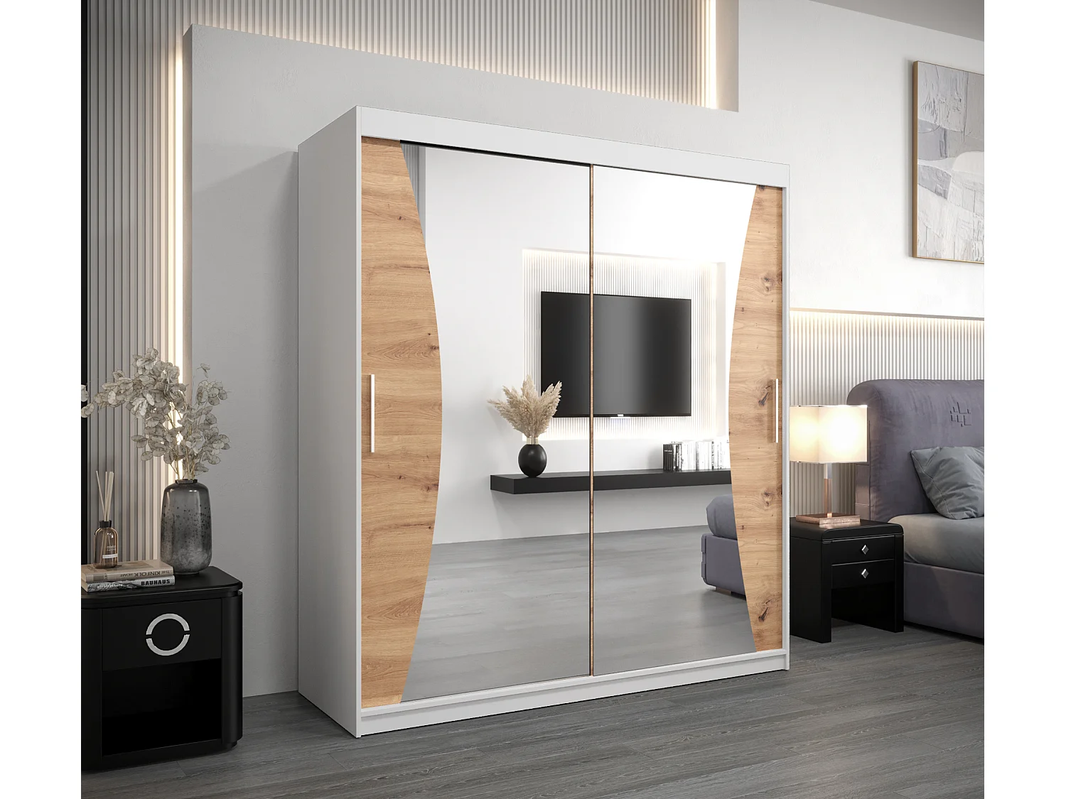ARMOIRE MONACO À PORTES COULISSANTES 200/180/62 2 Portes (Blanc/Artisan)