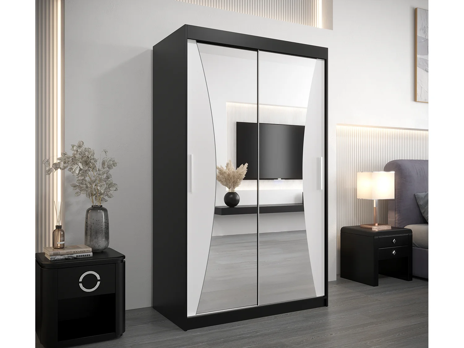 ARMOIRE MONACO À PORTES COULISSANTES 200/120/62 2 Portes (Noir/Blanc)