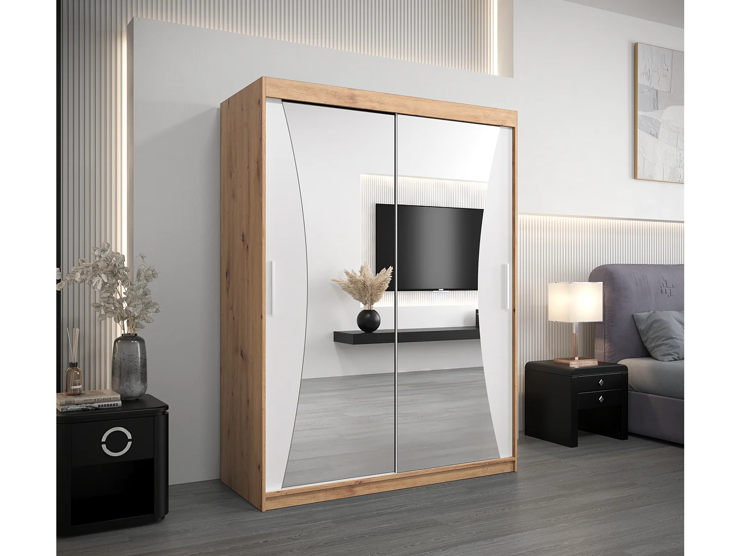 ARMOIRE MONACO À PORTES COULISSANTES 200/150/62 2 Portes (Artisan/Blanc)